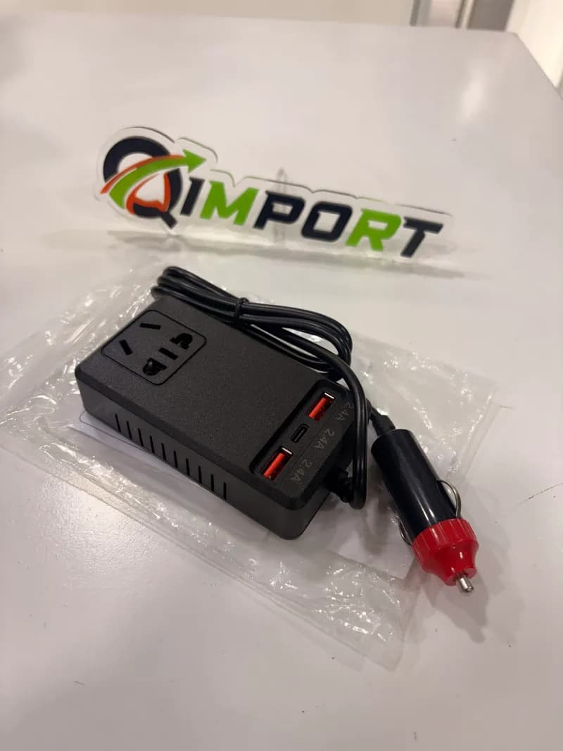 Inversor de Corriente de 12V a 110V de 150W Plano para Carro - Convertidor con Tomacorriente Universal y Puerto Tipo-C
