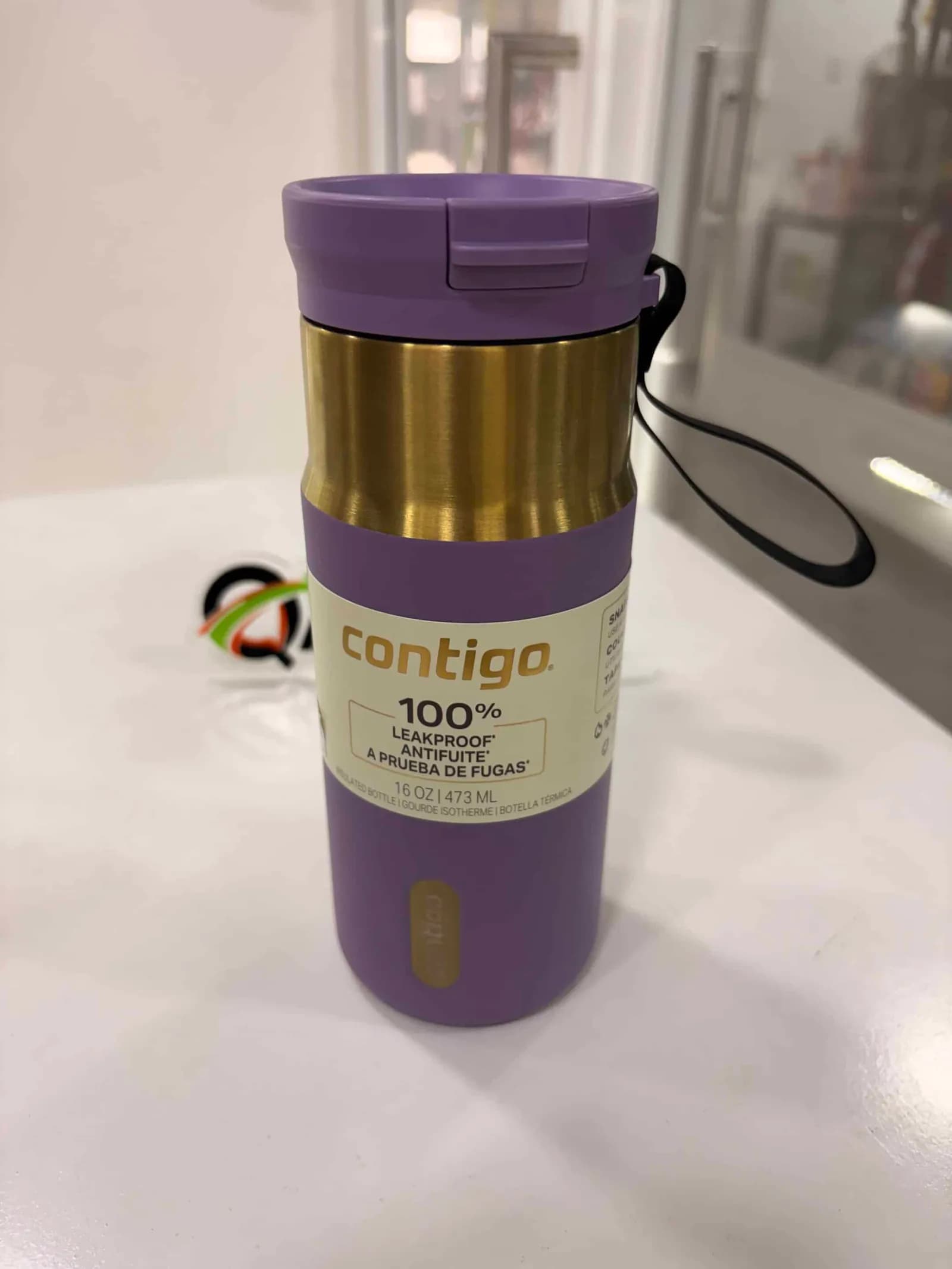 Termo Térmico Contigo de Acero Inoxidable 16oz Morado con Franja Dorada - Vaso Plegable a Prueba de Fugas