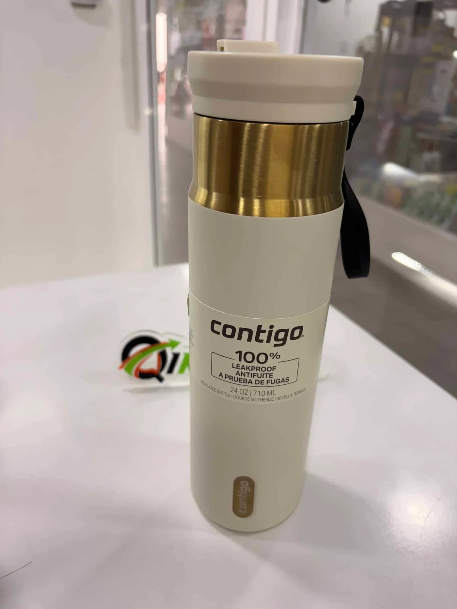Termo Térmico Contigo de Acero Inoxidable 24oz Blanco con Franja Dorada - Vaso Plegable a Prueba de Fugas